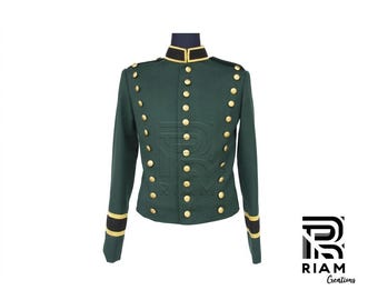 Men's Green Wool Hussar Jacket, 18th Century Military Style, Gold Button Parade Coat