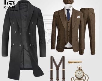 Conjunto completo de vestuario de Thomas Shelby / Traje de tres piezas con estampado de espiga: abrigo, camisa, gorra, tirantes, reloj y corbata.