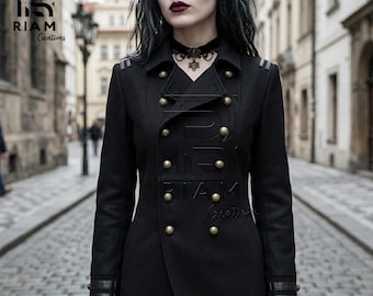 Traje gótico militar de lana negra: blazer cruzado, pantalones ajustados, estilo gótico.