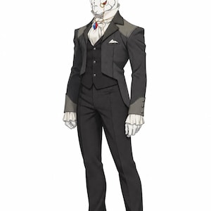 May include: A character illustration featuring a white rabbit head with red eyes and a monocle, wearing a formal black tailcoat suit, a dark vest, a white ruffled shirt with a blue and red gemstone brooch, and dark brown leather dress shoes.
