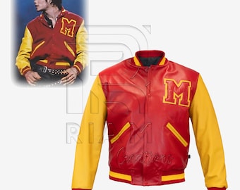 Chaqueta universitaria estilo Thriller de Michael Jackson / Chaqueta de cosplay de MJ / Cuerpo de lana y mangas de cuero / Opción de cuero completo / Chaqueta retro unisex de los años 80