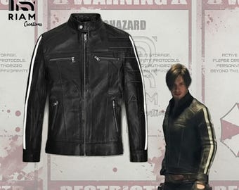 Chaqueta de cuero Leon S Kennedy RE6 / Chaqueta unisex de cuero genuino con franja blanca para cosplay de Resident Evil