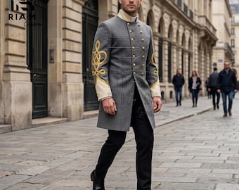 Frac militar gris para hombre, chaqueta estilo húsar victoriano, botones dorados, abrigo de estilo clásico.