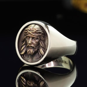Jesus christ ring, Christian cross ring, Mens silver ring, Christian gift, Signet ring
