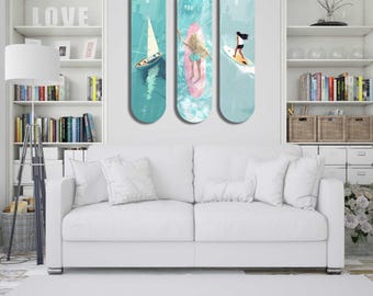 Surfboard Wall Art Triptych: Coastal Ocean Scene, Beach House Decor