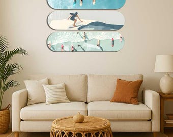 Surfboard Wall Art Triptych: Modern Coastal Beach House Decor