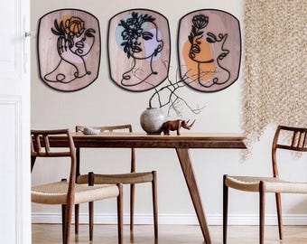 Abstract Floral Line Art on Wood, Modern Boho Decor (Set of 3)