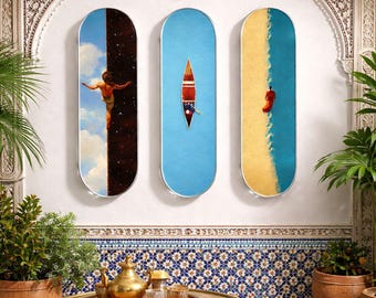 Set of 3 Skateboard Decks – Surreal Coastal Ocean Art, Modern Blue Home Decor
