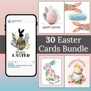Pacchetto di 30 biglietti di auguri pasquali stampabili - Biglietti di auguri pasquali digitali per bambini e adulti, download immediato per famiglia, insegnanti e amici