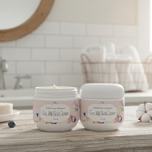 May include: Two jars of Goat Milk Facial Cleanser sit on a wooden surface. One jar is open, revealing a creamy product. The jars have a pink label with floral designs and the text "Goat Milk Facial Cleanser". The scene includes blueberries, a soap, and a vase.
