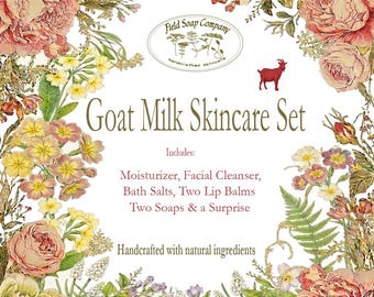 Ziegenmilch Hautpflege Set - Botanische Feuchtigkeitscreme, Reiniger, Lippenbalsam, Seifen - Farm inspirierte Selbstpflege