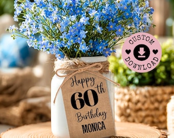 Custom 60th Burlap Birthday Decorations I Any Happy Birthday Number Decor For Him or Her l Party Centerpiece Download l Party Favor Ideas