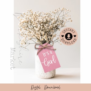 It&#39;s A Girl Baby Shower / Girl Shower Mason Jar Tag Download / Baby Shower Cake Topper / PDF Tag / Oh Girl Centerpiece Decorations