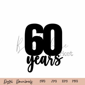 May include: Black and white graphic design of the number 60 with the word "years" written in a cursive font below the number.