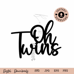 Op de afbeelding: Zwart-witte digitale download-afbeelding met de tekst "Oh Twins" in een cursief schrift.