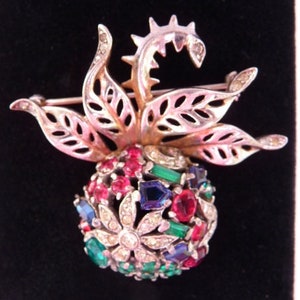 Trifari sterling silver multicolor floral dome brooch, Alfred Philippe 1948 patent, Jewels of India, extremely rare vintage
