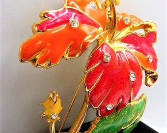 Jose Maria Barrera for Avon hibiscus brooch pin, hand enameled, Fashion Flower, vintage 1994