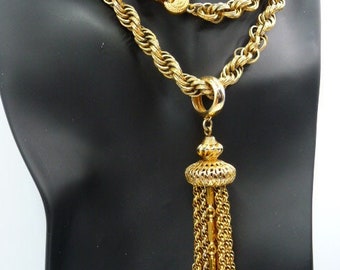 Monet Damita matinee tassel necklace, *dark* matte gold tone embossed rope chain, Book piece, 1960s vintage, (23")