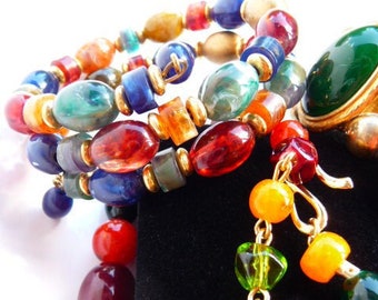 Liz Claiborne bracelets necklace clip earrings, LCI jewelry set, vintage mod jewelry, bright teal orange burgundy lime, 1990s 2000s