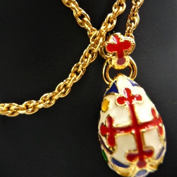 Joan Rivers champleve enamel Crusader's Latin cross miniature egg pendant, red cross royal colors, signed vintage