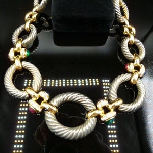 Vintage French designer GIVENCHY chunky Roman style twisted mixed metals rings necklace, faux rubies emeralds, 17 1/4"