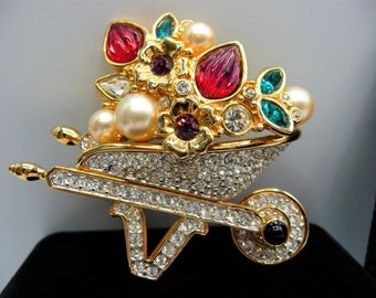 Austrian Crystal Garden Collection wheelbarrow brooch pin, tutti frutti, vintage hallmarked retired 1999