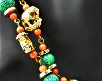marching cast metal Indian elephants vintage necklace, faux coral beads, molded glass faux jade beads, unsigned beauty
