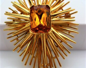 Premier Designs starburst brooch pin, golden orange faux topaz, Trifari copy, signed vintage