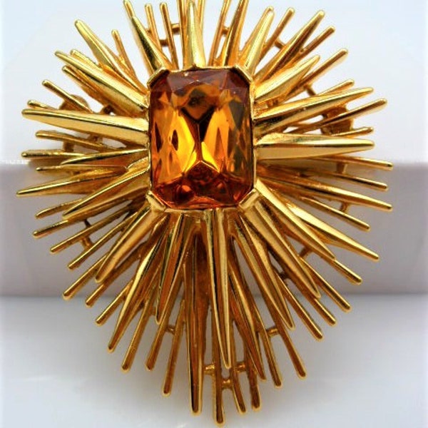 Premier Designs starburst brooch pin, golden orange faux topaz, Trifari copy, signed vintage