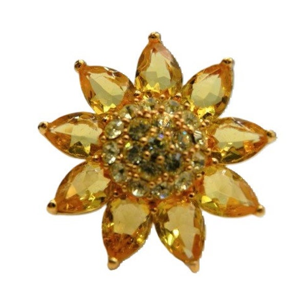 Joan Rivers dainty daisy flower ring, faux citrine diamonds, crystal pave, signed vintage, size 6