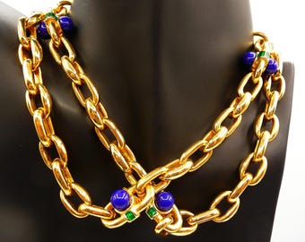 Gem-Craft heavy cable Etruscan style chain necklace, cobalt green gold, NOS never worn, 28" L
