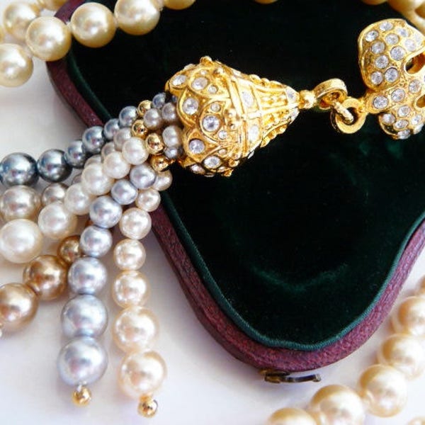 Edgar Berebi faux pearl tassel necklace, hand knotted, opera length, bridal wedding, white grey mauve, retired vintage