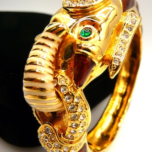 Iconic bejeweled mughal inspired enameled elephant clamper bracelet cuff, unsigned vintage SMALL 6 1/2"
