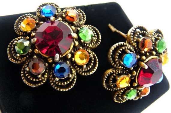 Hollycraft for WEISS clip earrings, rich multi co… - image 1