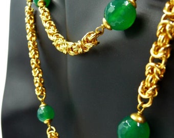 Italian Byzantine chain necklace, emerald green faceted bead stations, unsigned vintage