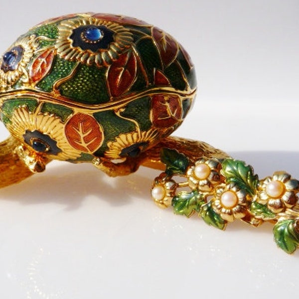 Edgar Berebi 'Birth of Spring' jeweled egg trinket box, floral brooch pin, original box, limited edition vintage