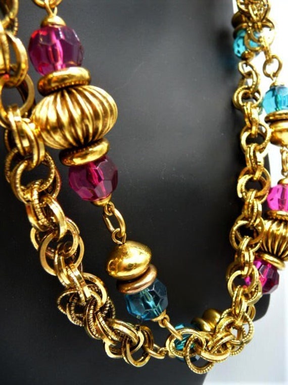 Beaded rope chain necklace, bright blue pink face… - image 1