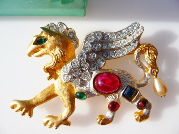 Kenneth Jay Lane griffin brooch pin, jewel encrus… - image 5