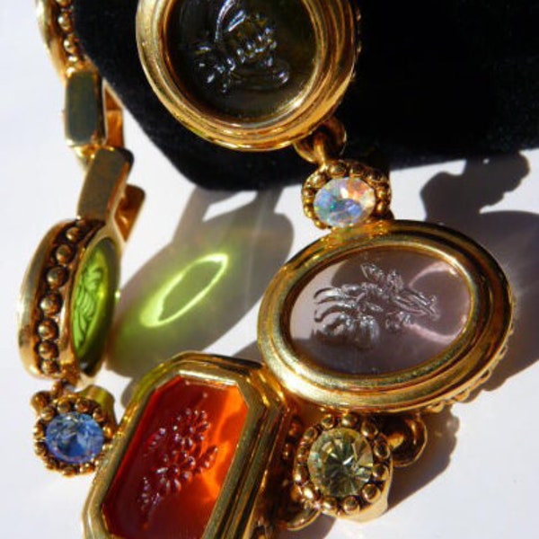 Joan Rivers intaglio bracelet, Victorian bees flowers, sherbet colors, gold tone, signed vintage very rare, S-M