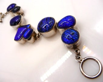 Cobalt blue dichroic art glass stones sterling silver links bracelet, faux kingfisher flash, hallmarked vintage estate, 7 5/16" L