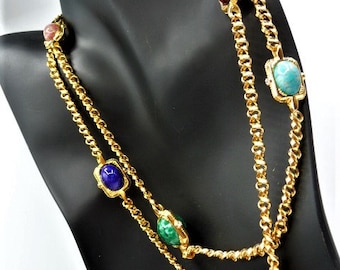 Camrose & Kross JBK necklace, Jacqueline Bouvier Kennedy, faux semi precious gems, fancy gold tone twisted cable chain, hallmarked vintage