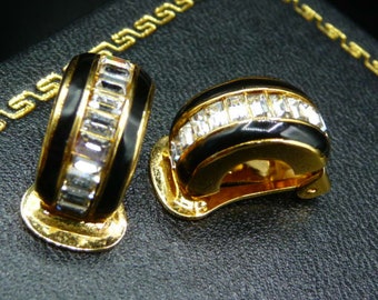 Christian Dior © half hoop clip earrings, gold tone black enamel, signed vintage, dainty small