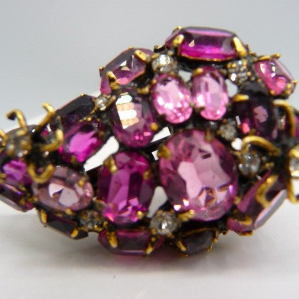 SINGLE EARRING Iradj Moini fancy hand made clip earring, pink violet purple glass rhinestones, signed vintage