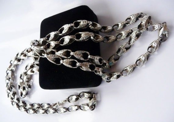 Victorian style sterling silver chain, floral emb… - image 1