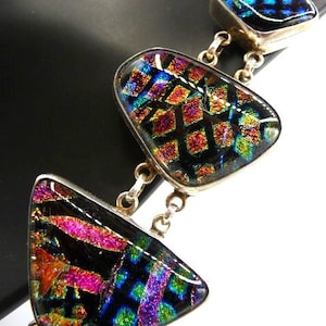 Vintage Dichroic Art Glass Sterling Silver Bracelet, Rainbow Geometric Design, 7.5"