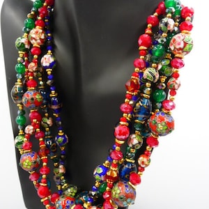 Vintage Jose Maria Barrera 4 strand cloisonne bead choker necklace, ruby cobalt emerald, gold tone, 19 1/2" L including extension
