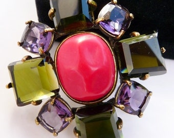 Gerard Yosca chunky bold cross brooch pin, emerald cut stones, olive amethyst red jade, design handmade vintage