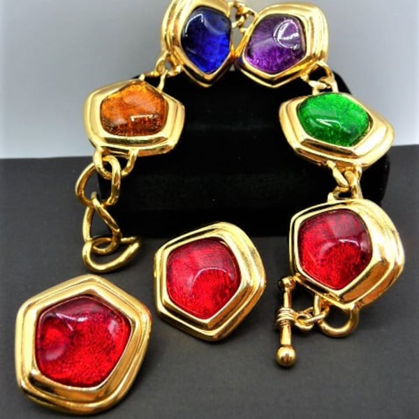 AVON Grand Impressions bracelet clip earrings, rainbow colors, KJL Caprianti style, 1993