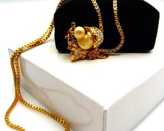 Nolan Miller tiny peeping chick bursting egg charm pendant necklace, gold pink yellow, Spring, signed vintage