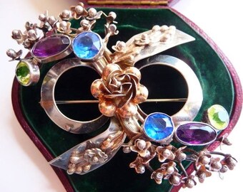 Hobe vermeil sterling floral beribboned brooch pin, faux gems sapphire amethyst peridot, 1940s WWll vintage